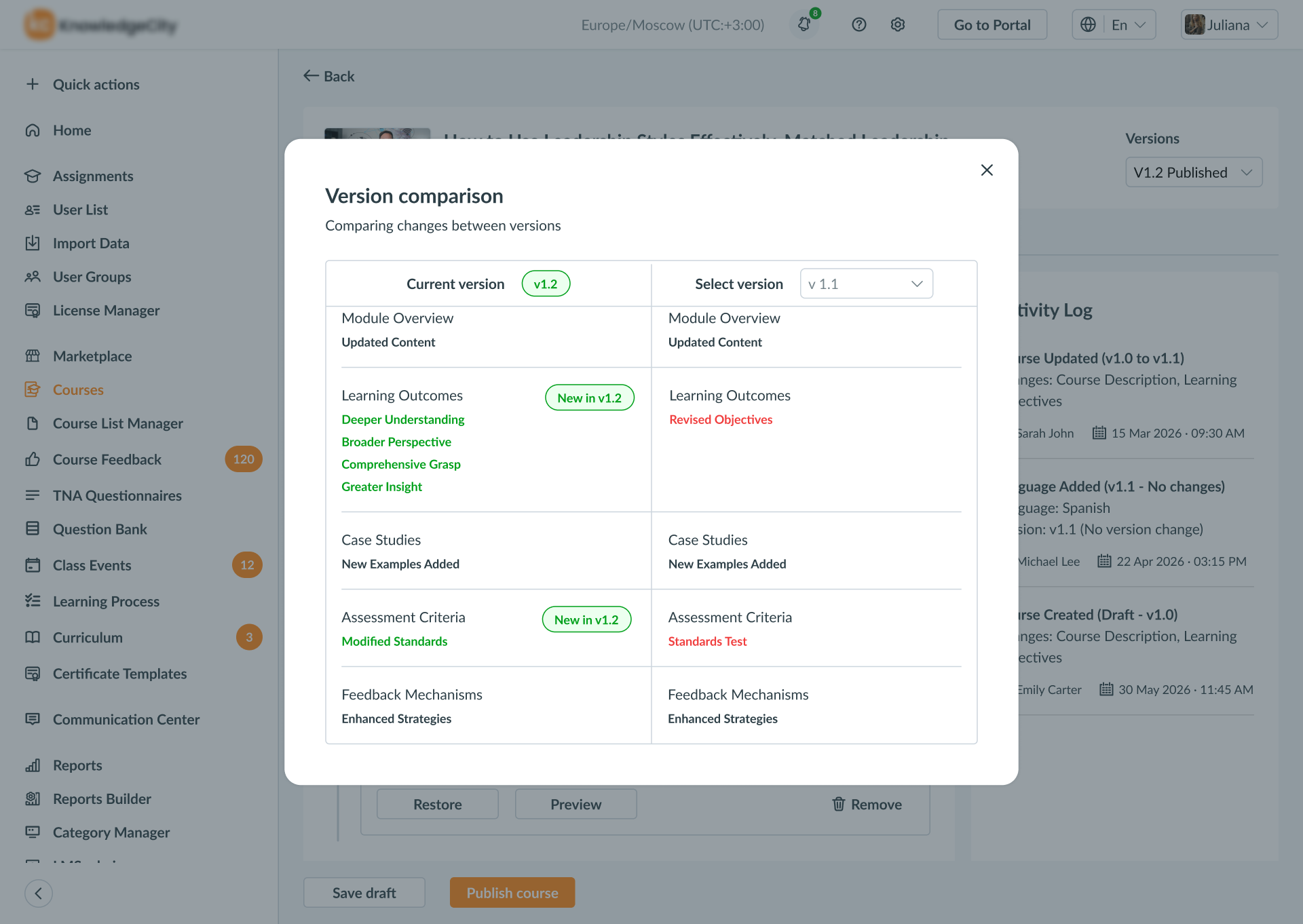 Version comparison view showing differences between two course versions side by side.